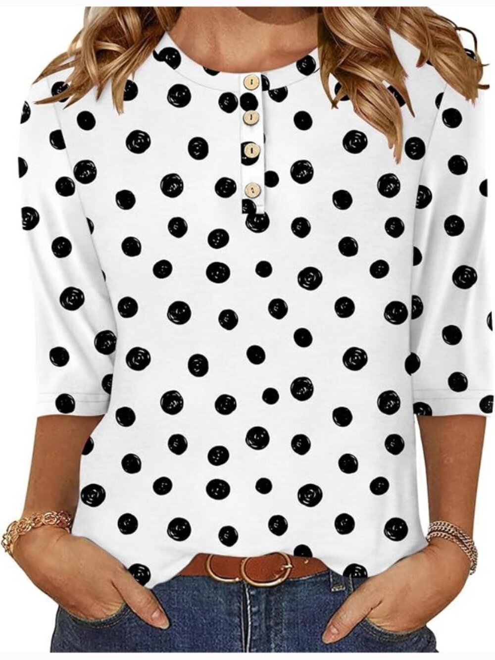 3/4 Sleeve Henley Crewneck Shirt with Polka Dots